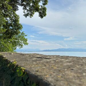 Am Bodensee vor einer Kaimauer in Lindau im Hintergrund sind die Alpen zu sehen