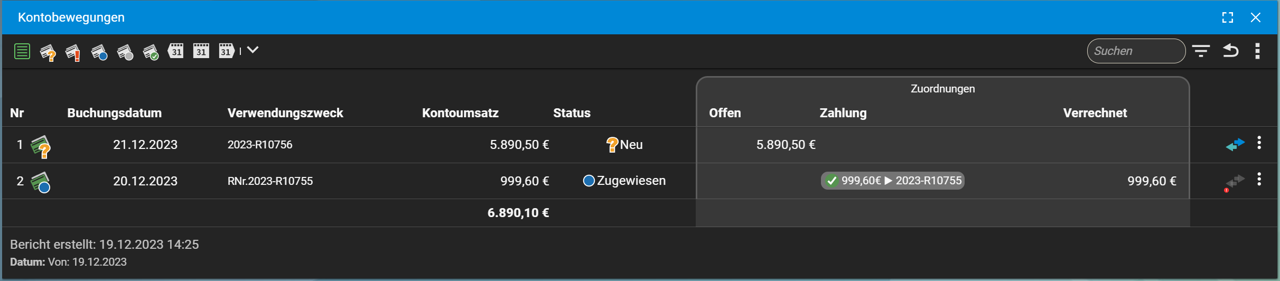 Übersicht Kontobewegungen in der teamspace-Bankenschnittstelle
