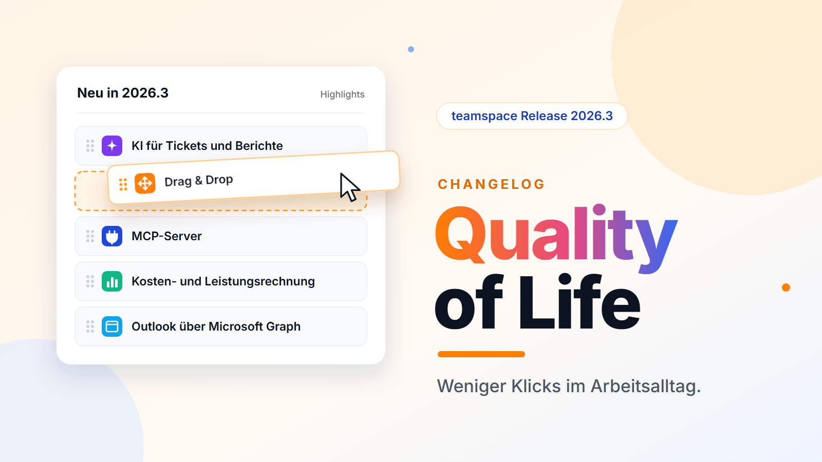 teamspace Release 2026.3: Quality of Life, die Highlights als Liste, ein Eintrag wird per Drag & Drop verschoben