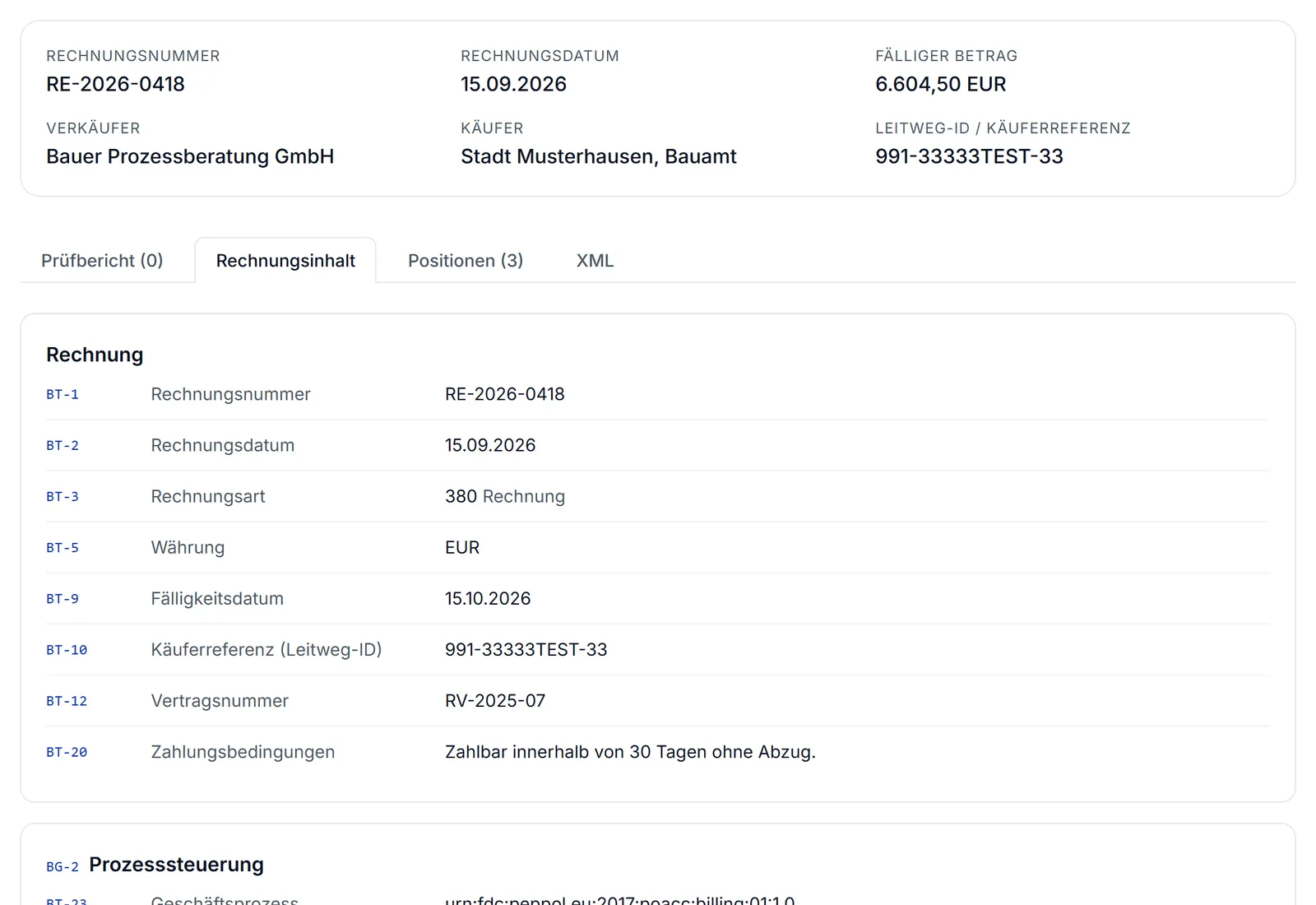 Viewer des Validators: Rechnungsinhalt einer XRechnung mit BT-Nummern, Feldnamen und Werten für Rechnung, Verkäufer und Anschrift