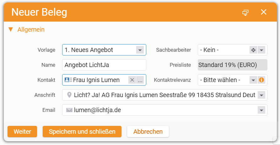 Neuen Beleg erstellen - Angebot | teamspace