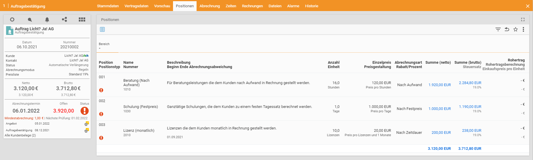 Auftrag abrechnen | Abrechenbare Positionen | teamspace