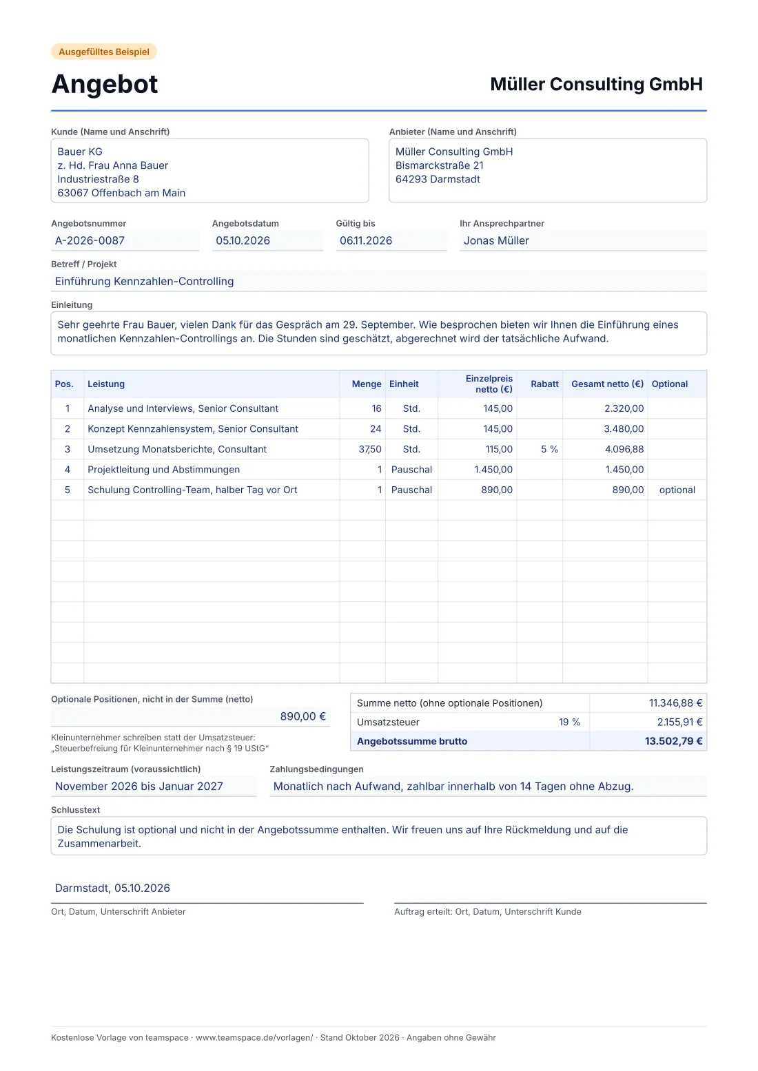 Vorschau der Angebotsvorlage als ausgefülltes Beispiel: Müller Consulting GmbH bietet der Bauer KG die Einführung eines Kennzahlen-Controllings an, fünf Positionen nach Stunden und pauschal, eine davon optional, darunter Summe netto, Umsatzsteuer, Angebotssumme brutto, Leistungszeitraum, Zahlungsbedingungen und Unterschriftsfelder.