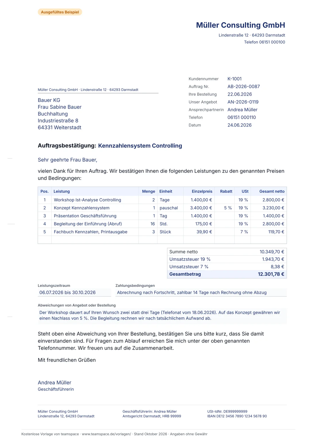 Vorschau der Auftragsbestätigung als ausgefülltes Beispiel: Müller Consulting GmbH bestätigt der Bauer KG fünf Positionen vom Workshop bis zur Begleitung, Summe netto 10.349,70 Euro, Umsatzsteuer zu 19 und 7 Prozent, Gesamtbetrag 12.301,78 Euro, dazu Leistungszeitraum, Zahlungsbedingungen und Abweichungen vom Angebot.