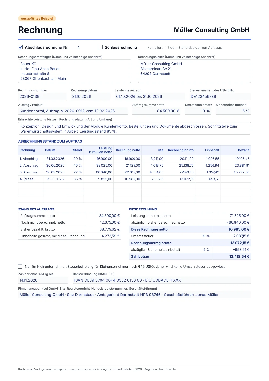 Vorschau der kumulierten Abschlagsrechnung als ausgefülltes Beispiel: vierte Abschlagsrechnung der Müller Consulting GmbH an die Bauer KG über ein Kundenportal mit 84.500 Euro Auftragssumme, Tabelle mit vier Abschlägen, Leistungsstand, Umsatzsteuer, Einbehalt und Zahlungen, darunter der Rechenweg dieser Rechnung bis zum Zahlbetrag.
