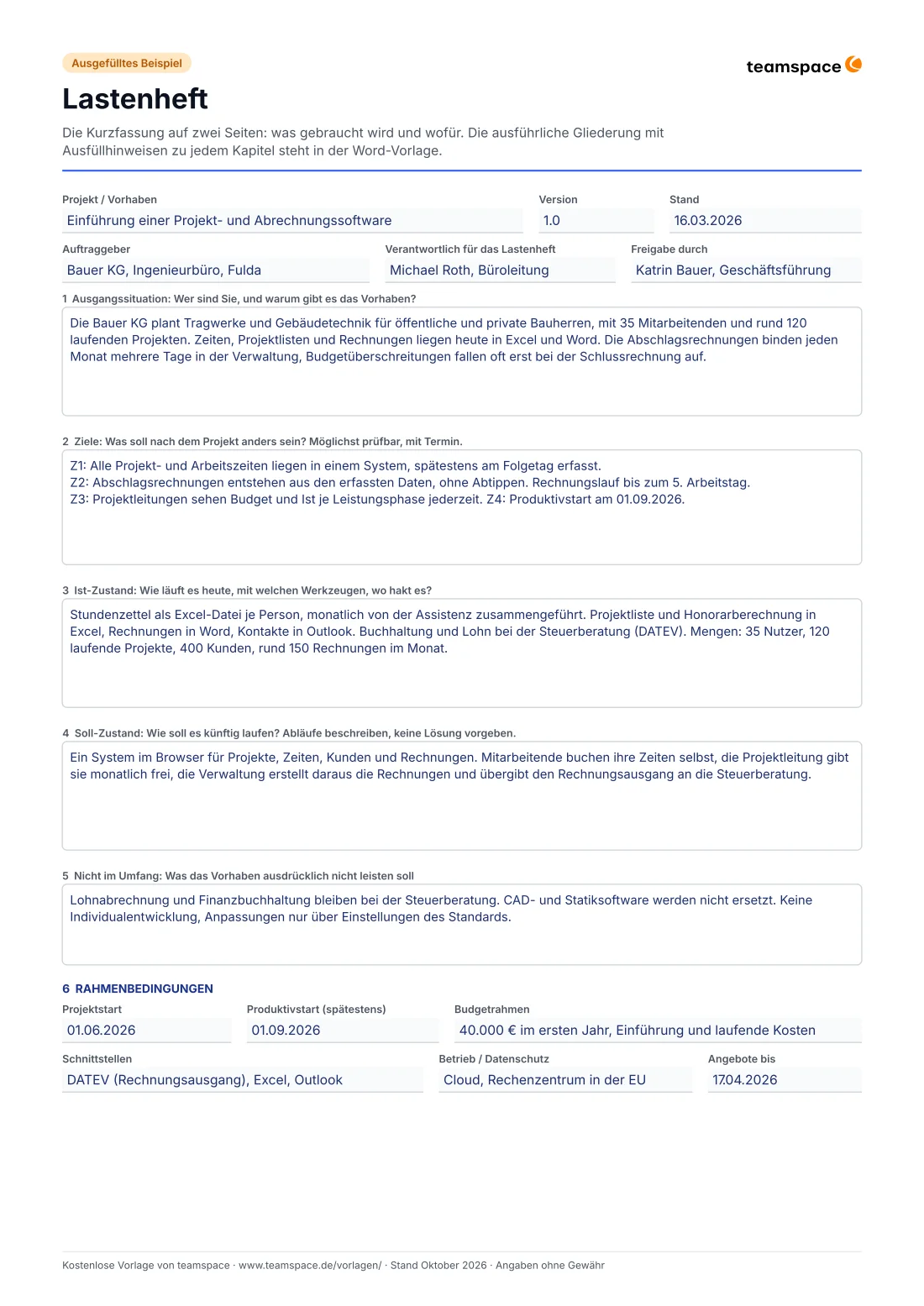 Vorschau des Lastenhefts als ausgefülltes Beispiel: Kopf mit Projekt, Version und Auftraggeber Bauer KG, darunter Ausgangssituation, Ziele, Ist- und Soll-Zustand, Abgrenzung und Rahmenbedingungen mit Terminen und Budget.