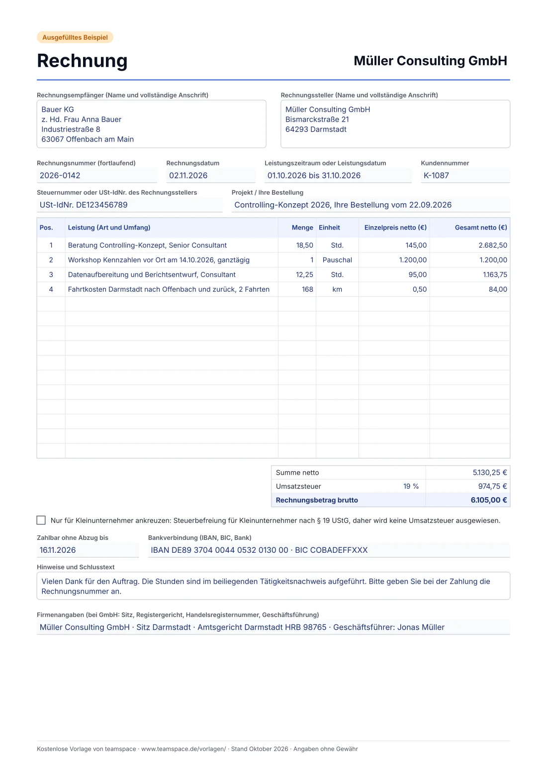 Vorschau der Rechnungsvorlage als ausgefülltes Beispiel: Müller Consulting GmbH stellt der Bauer KG Leistungen für Oktober 2026 in Rechnung, vier Positionen nach Stunden, pauschal und Kilometern, darunter Summe netto, 19 Prozent Umsatzsteuer, Rechnungsbetrag brutto, Zahlungsziel und Bankverbindung.