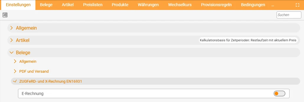 Screenshot aus teamspace: Konfiguration, Reiter Einstellungen, Bereich Belege mit dem Abschnitt ZUGFeRD- und X-Rechnung EN16931 und dem Schieberegler E-Rechnung.