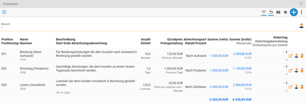 Übersicht Angebotspositionen | teamspace