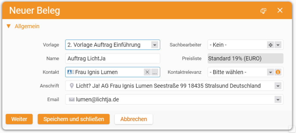 Weitere Vorlage verwenden - Auftrag | teamspace