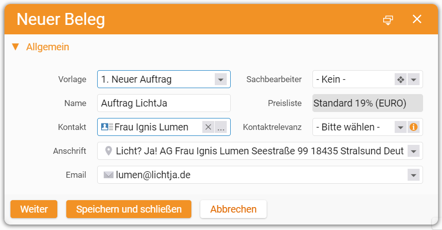 Neuen Beleg erstellen - Auftrag | teamspace