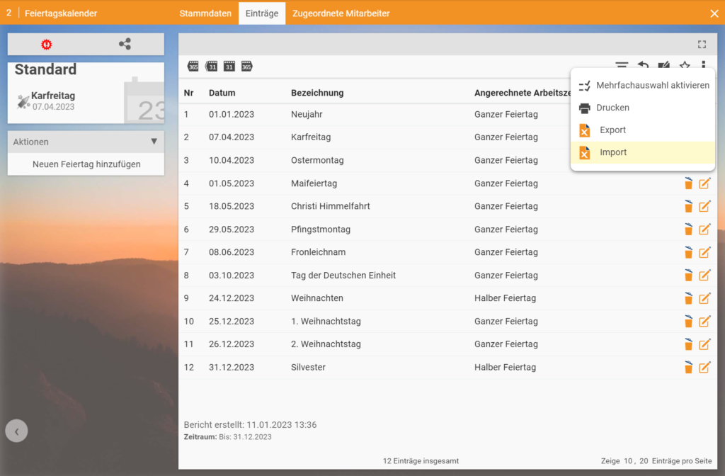Feiertagskalender - Import