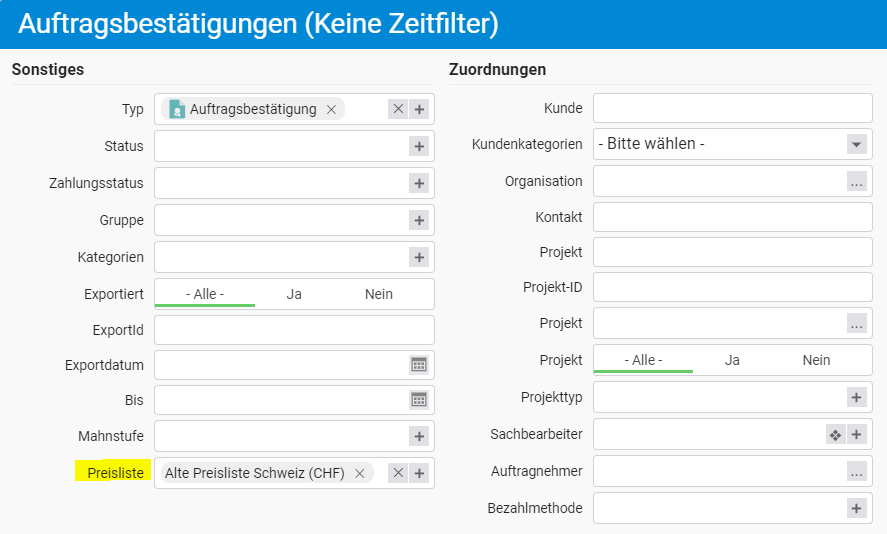 Filter Standardpreisliste