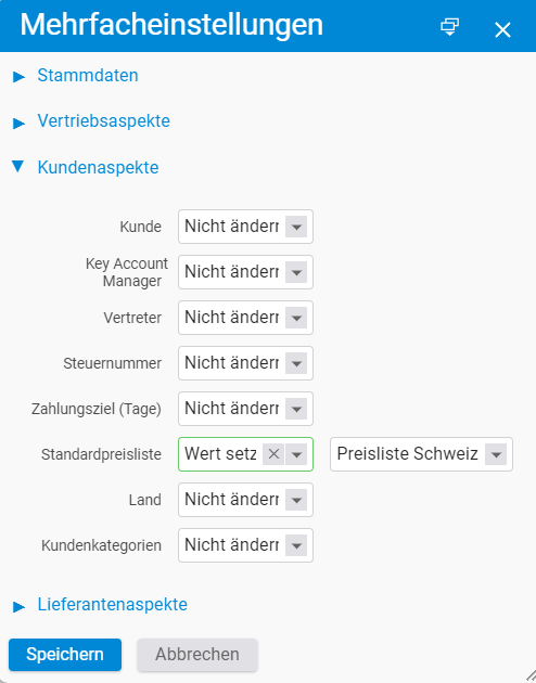 Mehrfachauswahl Standardpreisliste